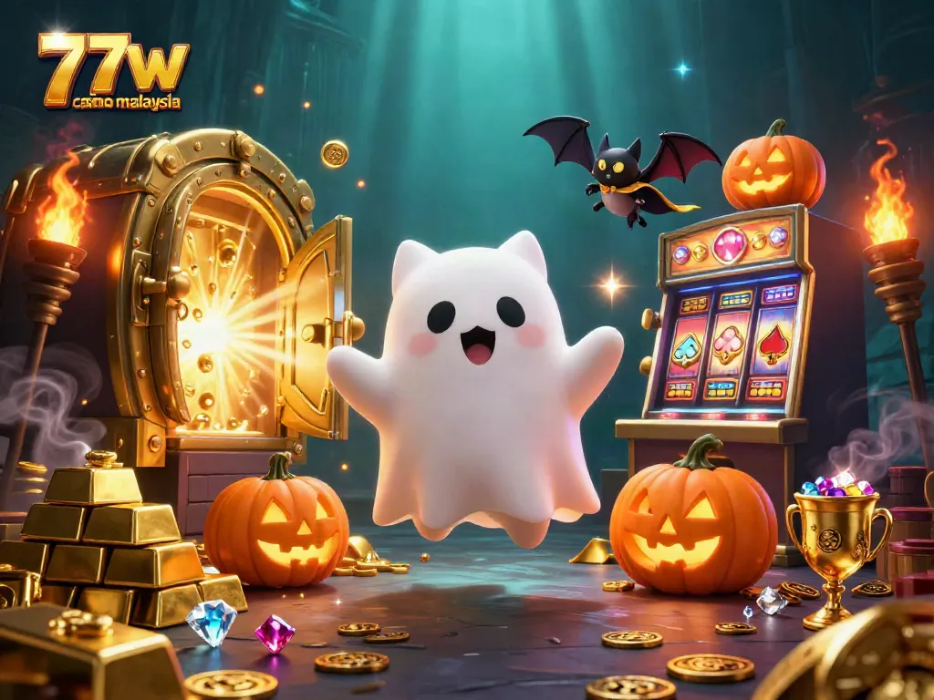 Engage with the lively 77w casino malaysia atmosphere featuring a friendly ghost cat, a bat in a cape, and glowing jack-o-lanterns.