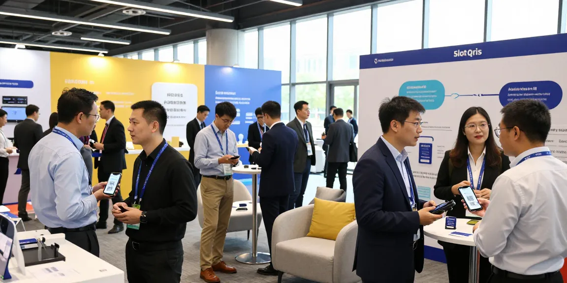 Attendees engaging in discussions about slot qris payment systems at a business conference.