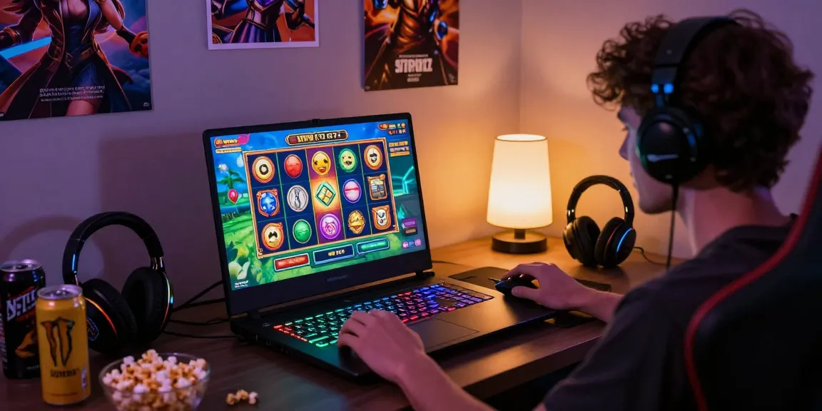 Player enjoying situs slot game on a gaming laptop in a vibrant and immersive environment.