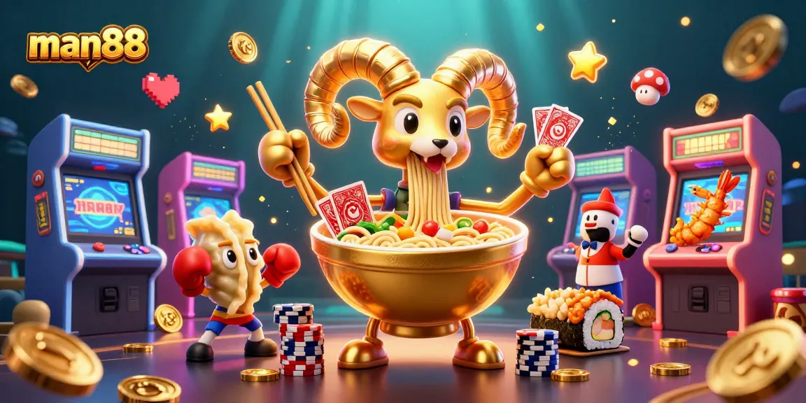 Join the action with man88 in this vibrant casino-themed illustration featuring dynamic characters and elements.