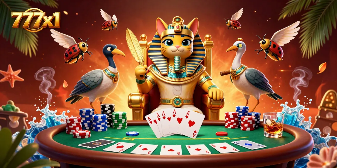 Engage with thrilling poker at 777x1, featuring a cartoon Egyptian pharaoh cat amidst vibrant game elements.
