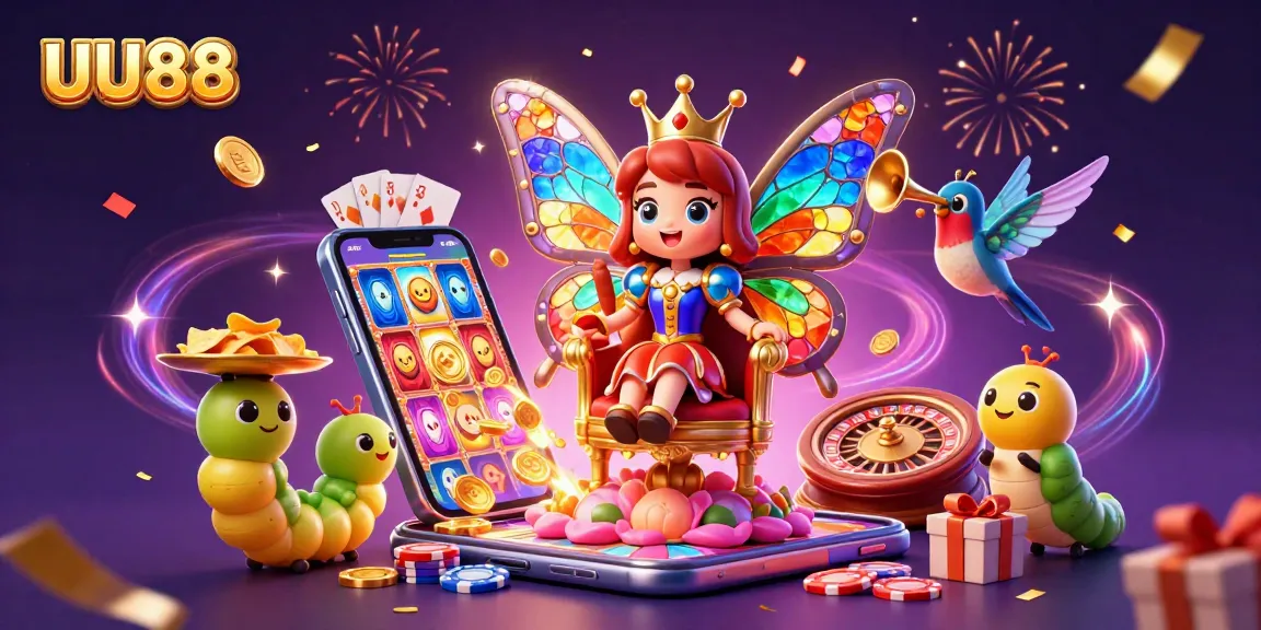 Experience the excitement of UU88 with a vibrant casino-themed illustration featuring a butterfly queen.