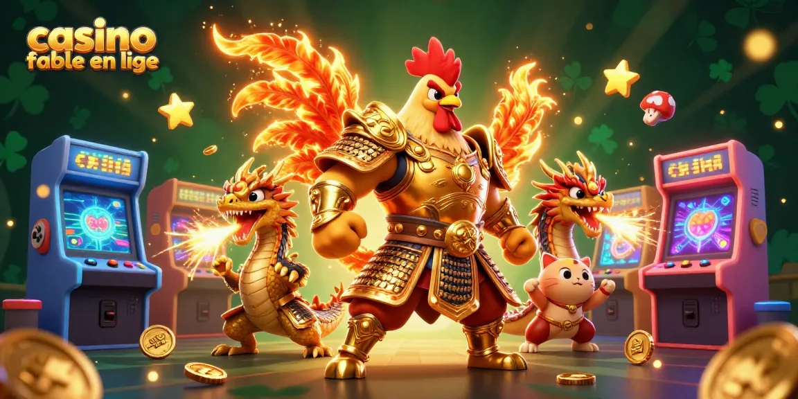 Des personnages de combat au casino fiable en ligne entourés de machines à sous colorées et de pièces d'or scintillantes.