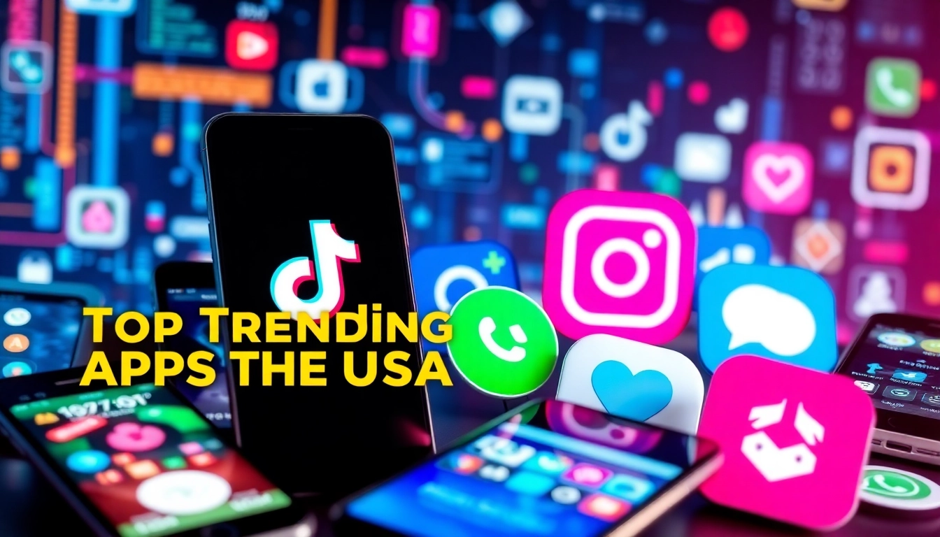 Visual representation of trending apps in USA, showcasing popular app logos and tech elements.