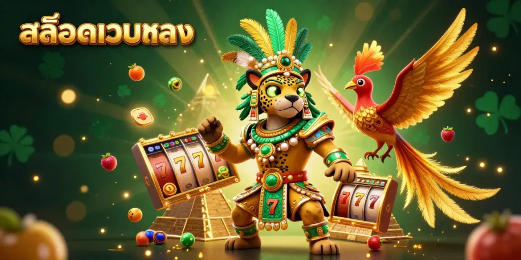Engage with สล็อตเว็บตรง as slot reels spin and golden trophies shine in this dynamic casino scene.