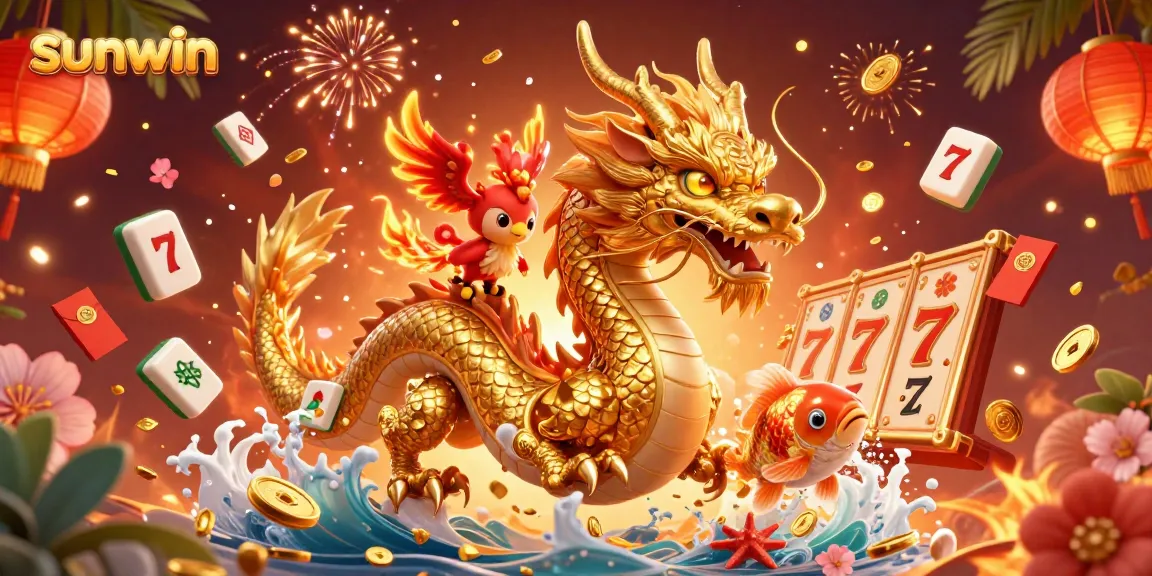 Experience the excitement of sunwin with a dynamic 3D scene featuring a golden dragon in a casino setting.