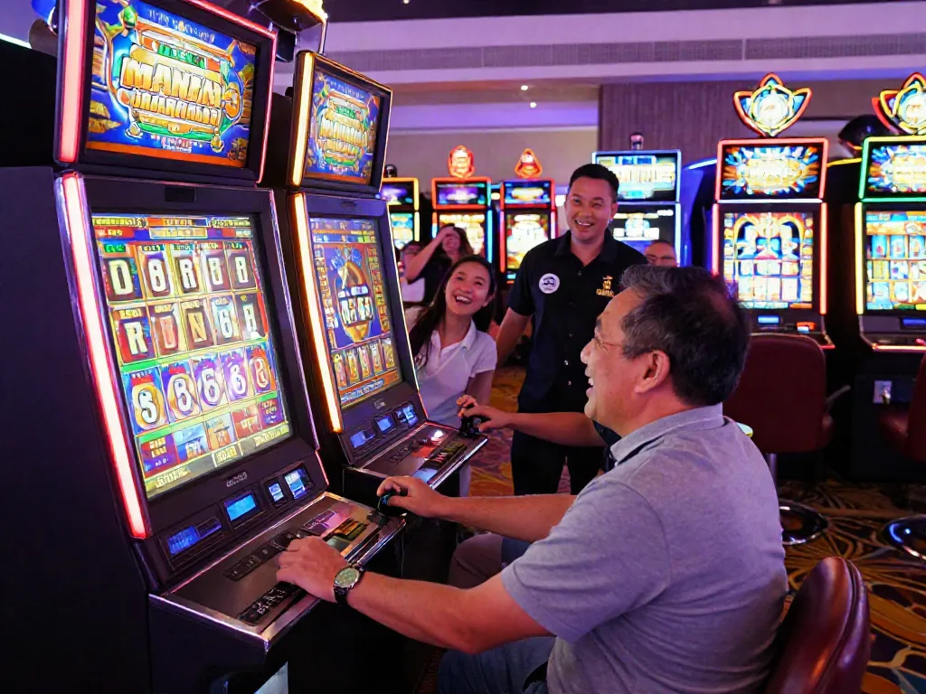 Player enjoying Slot MAHJONGJP88 on a vibrant casino floor, surrounded by colorful slot machines.