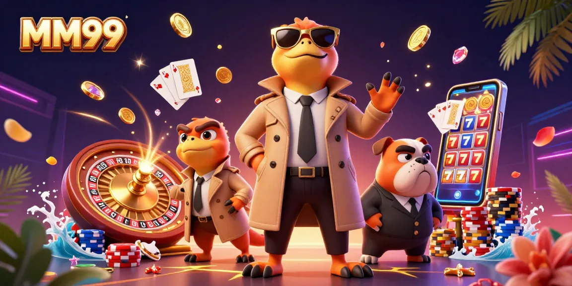 MM99 offers thrilling VIP entry with raptors in a trench coat at a bustling casino scene.