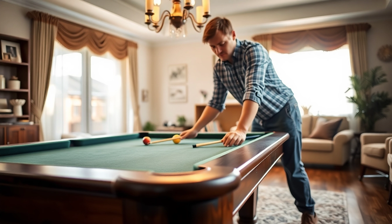 Pool table mover disassembling a slate pool table professionally in a bright living room.