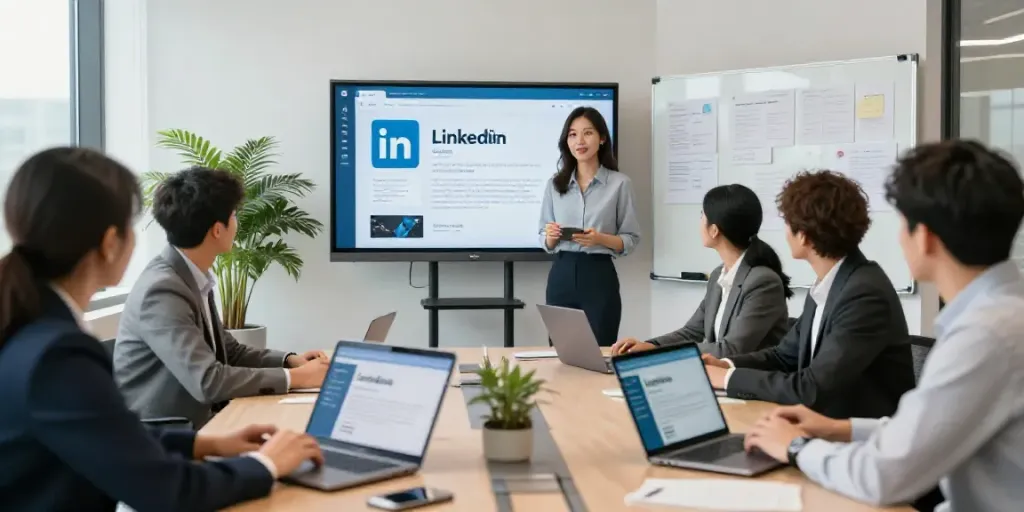 Business team discussing AI tools for LinkedIn articles in modern conference room
