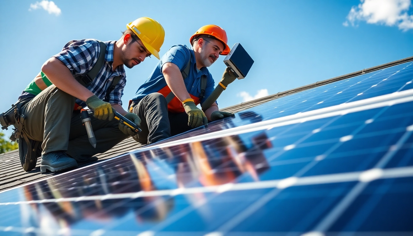 Technician services by a solar repair company New Jersey, maintaining solar panels on a residential roof.