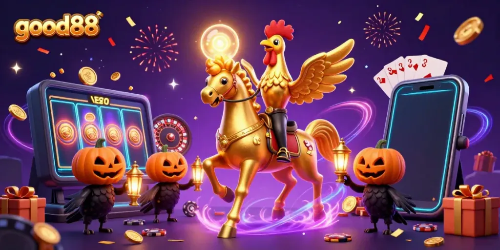 Experience the thrill of good88 as a golden rooster illuminates a vibrant casino scene amidst swirling magical energy.