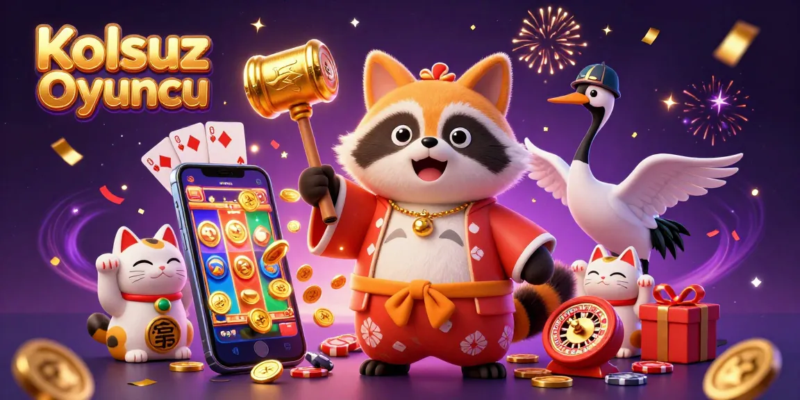 Kolsuz Oyuncu presents a vibrant 3D illustration of a cheerful tanuki celebrating online gaming fun with lucky symbols.