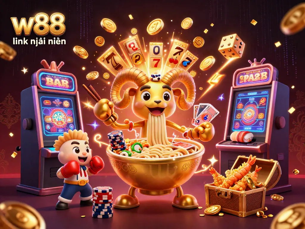Experience thrilling gaming action with the w88 link mới nhất as a giant ramen bowl deals cards in a vibrant casino!