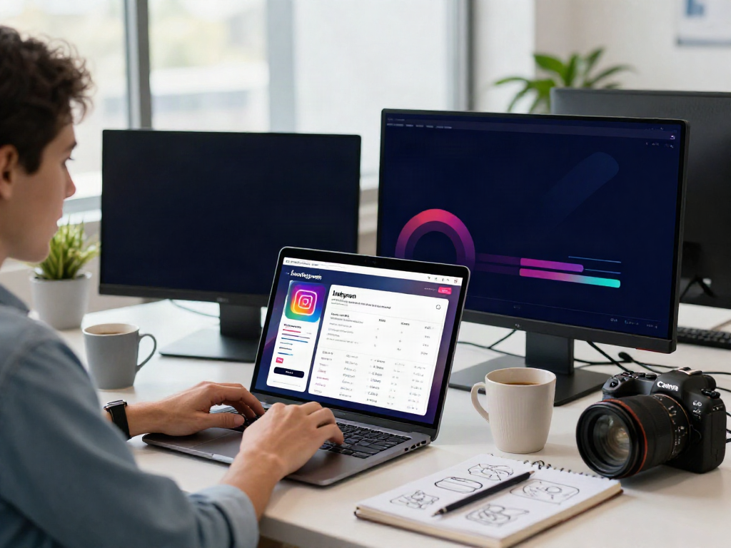 Person analyzing Instagram stories using insanony in a modern office environment