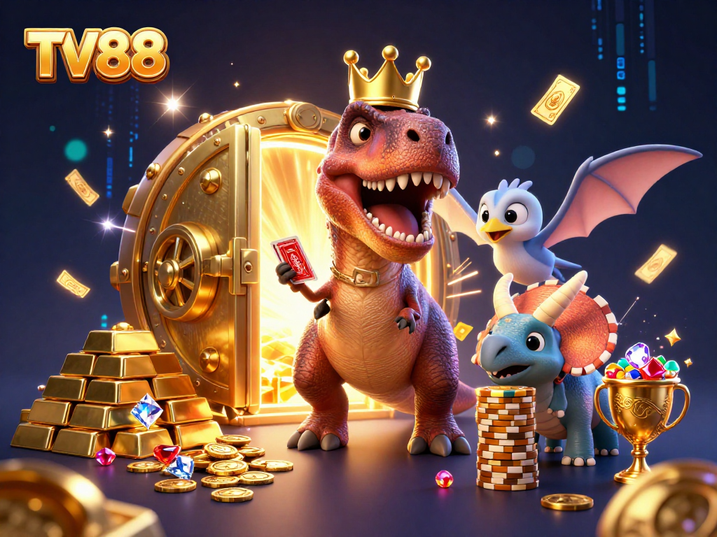 Engage in casino excitement at TV88 with a T-Rex, Pterodactyl, and Triceratops amidst treasure.