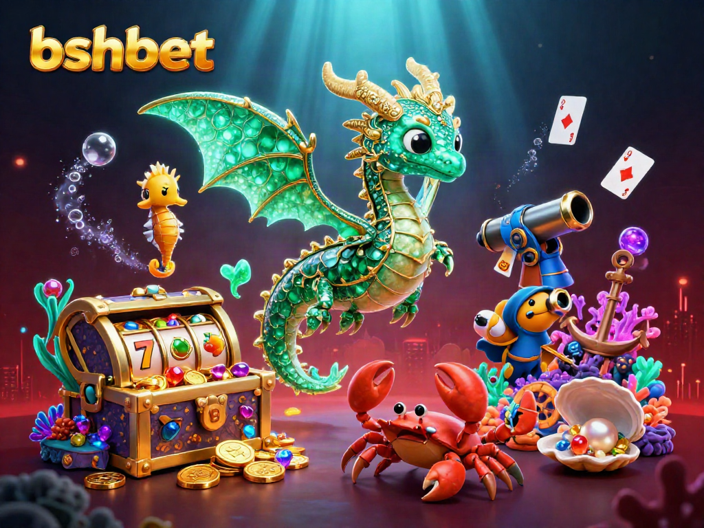 bshbet showcases an emerald sea dragon and royal seahorse amid vibrant casino elements.