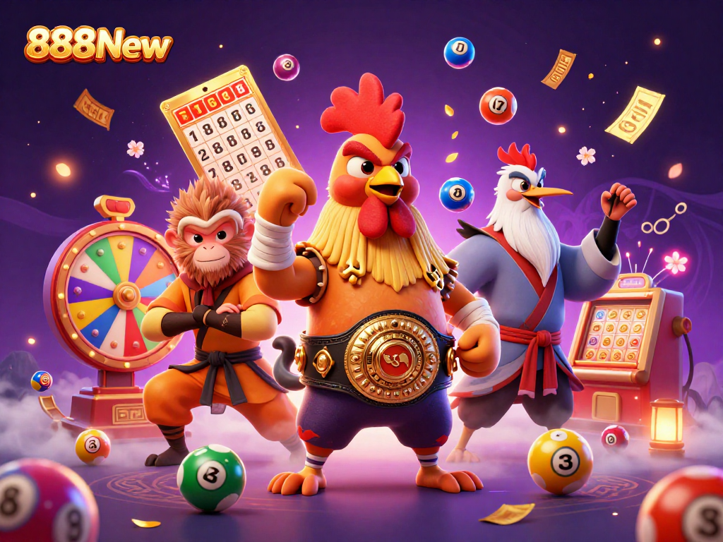 Engage with thrilling games at 888New as colorful lottery balls and vibrant gaming elements surround dynamic characters.