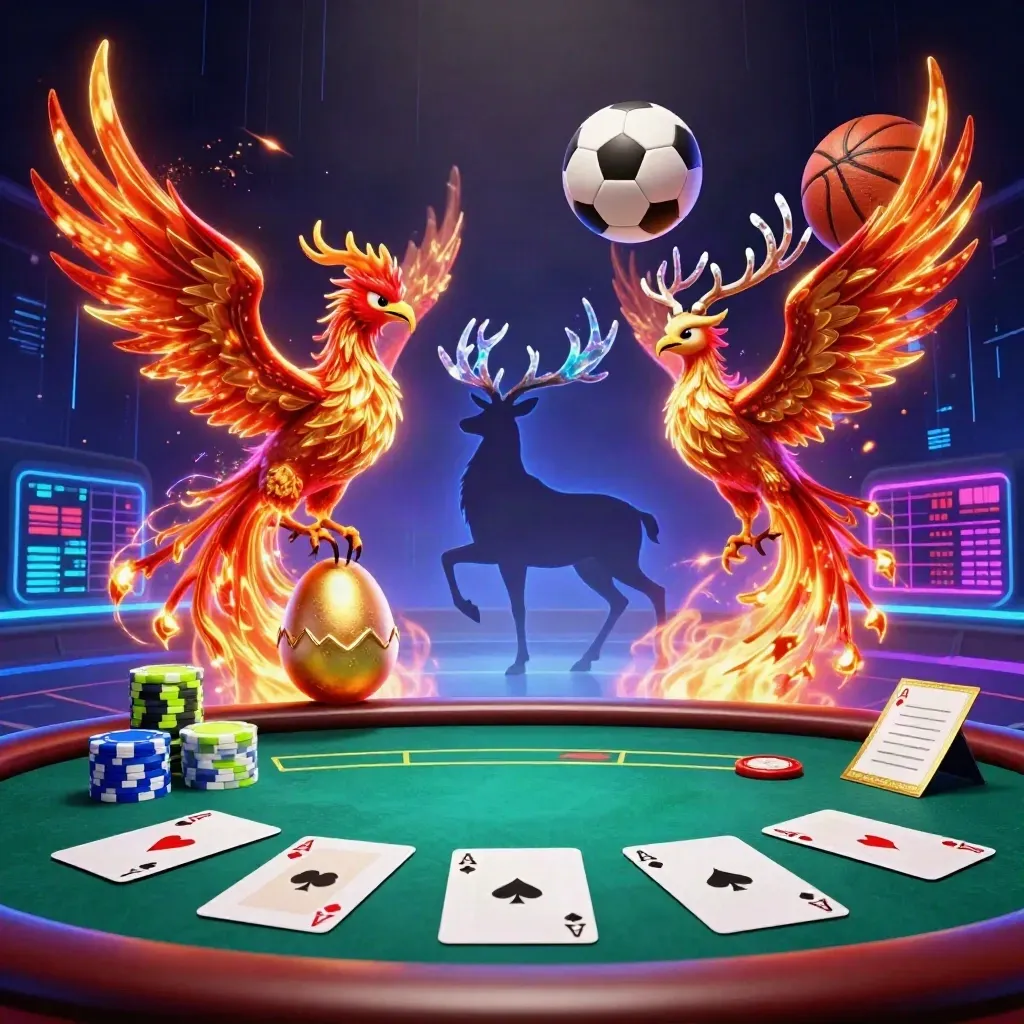 Phoenixes and a crystalline stag with poker chips, cards, balls, and neon casino lighting.