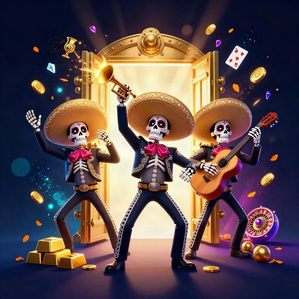 Three skeleton mariachi performers burst from a golden vault amid casino treasure and blue light