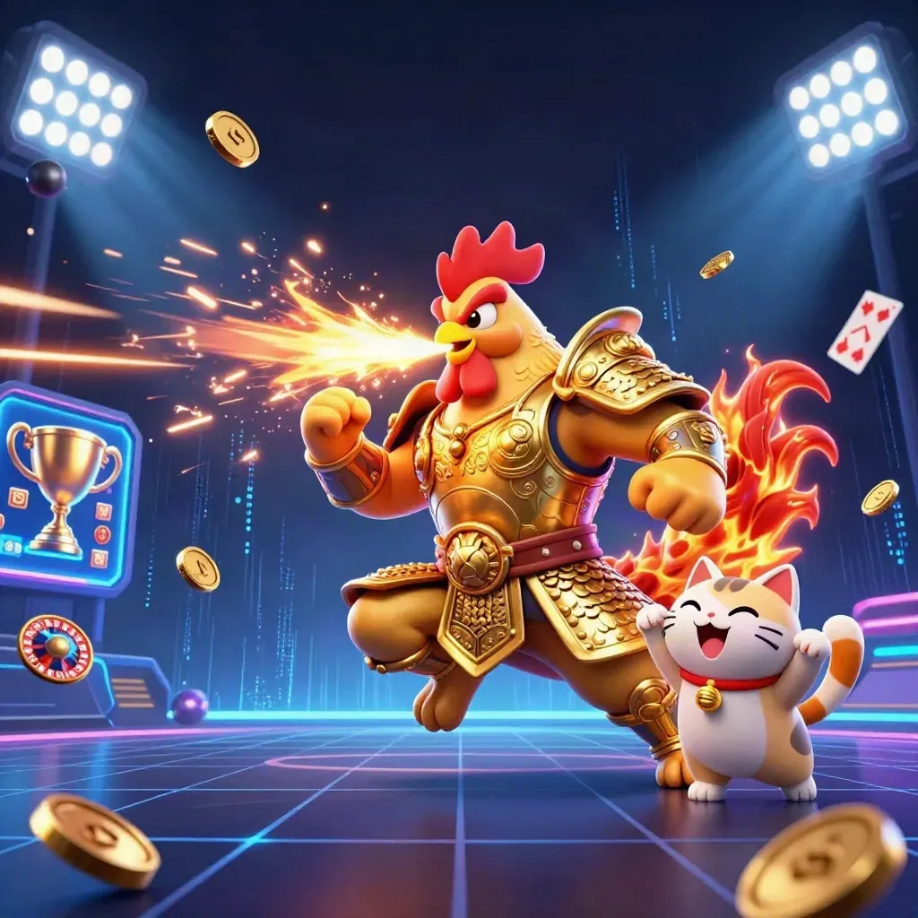 Rooster warrior, dragon hatchling, and fortune-cat amid casino sports chaos and blue neon light.