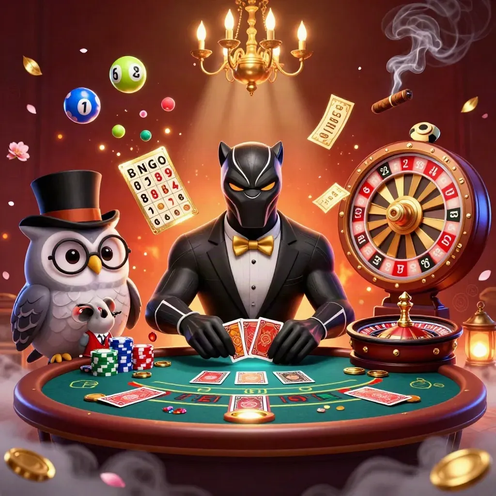 Panther, owl, and mouse in a luxe casino scene with glowing game elements