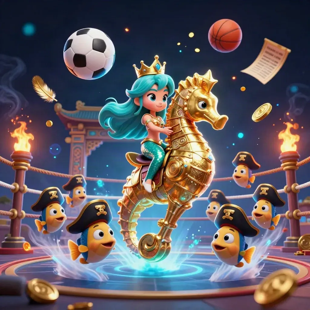 Mermaid princess on a golden seahorse amid pirate fish, balls, coins, and torch-lit ring glow.