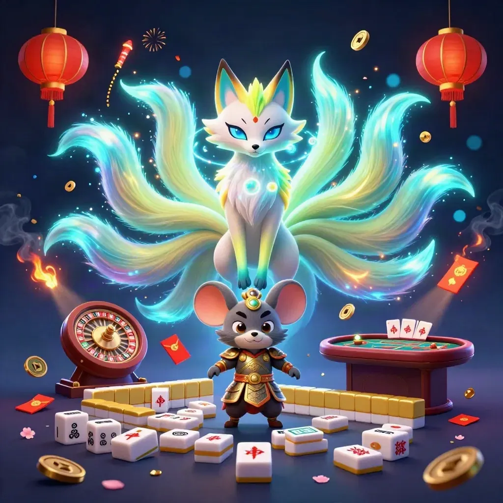Neon fox spirit and armored mouse amid casino props, lanterns, coins, and blue bokeh