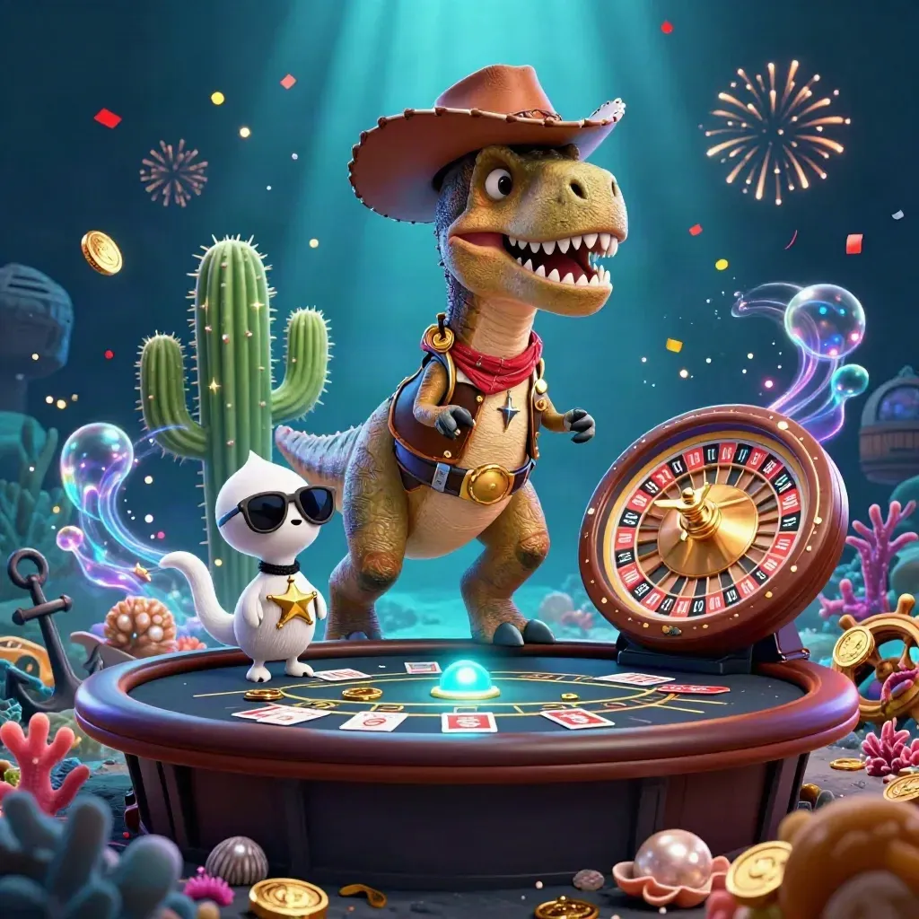 Cartoon T-Rex, cactus, and roadrunner in a glowing underwater casino treasure cove.