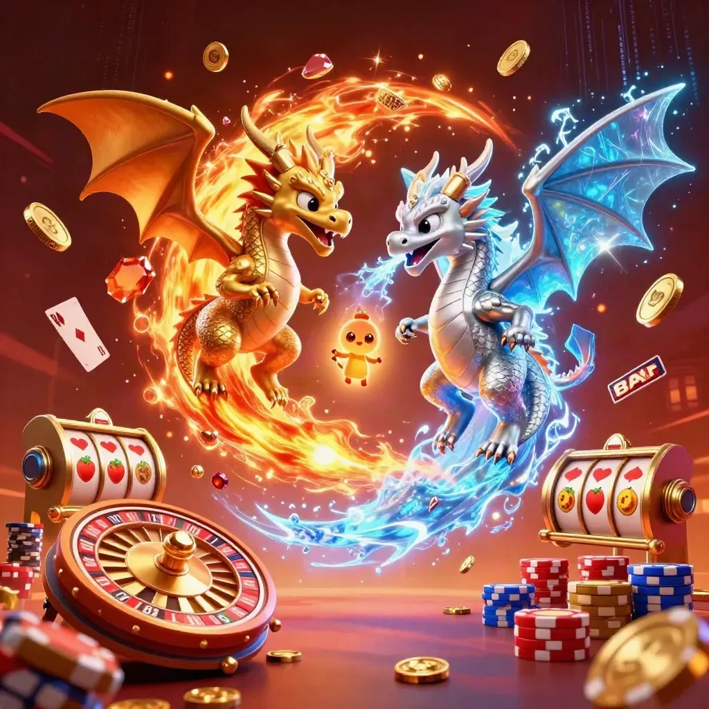 Twin dragons clash over coins, gems, reels, and chips in a neon casino burst.