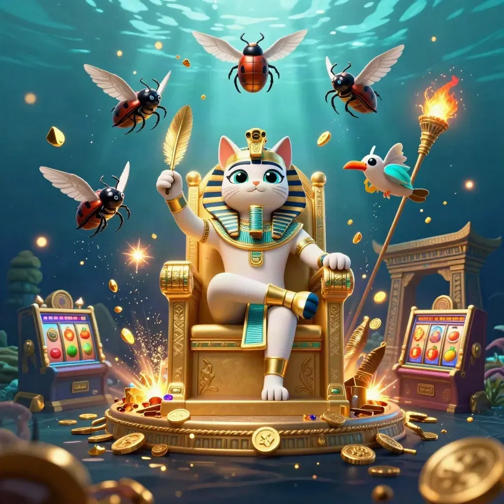 Egyptian pharaoh cat, ibis scribe, and gem-winged scarabs amid treasure bursts in a neon-blue casino splash scene