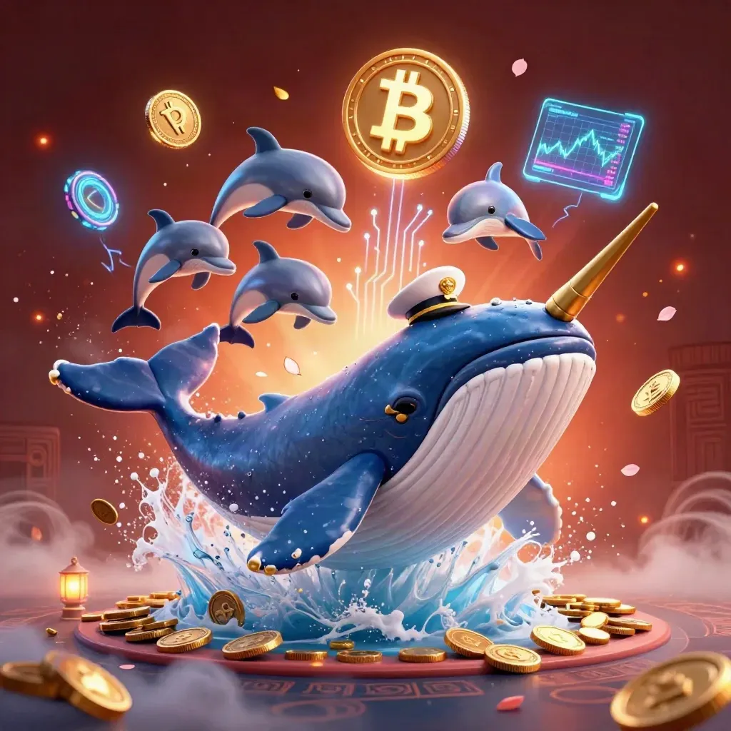 Whale captain, narwhal, and dolphins burst through coins amid neon crypto effects.