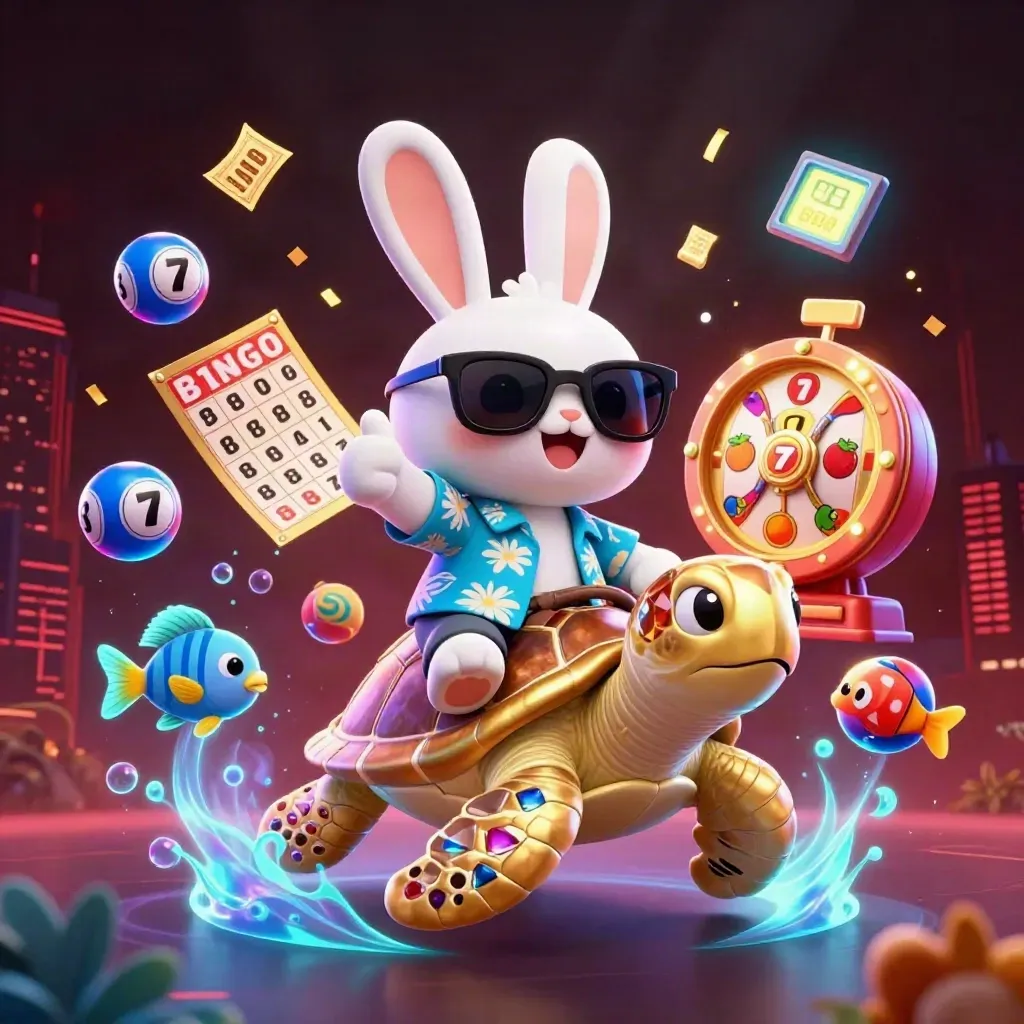 Lucky rabbit rides a gem-shell sea turtle amid casino icons, neon blue glow, and a dark skyline.