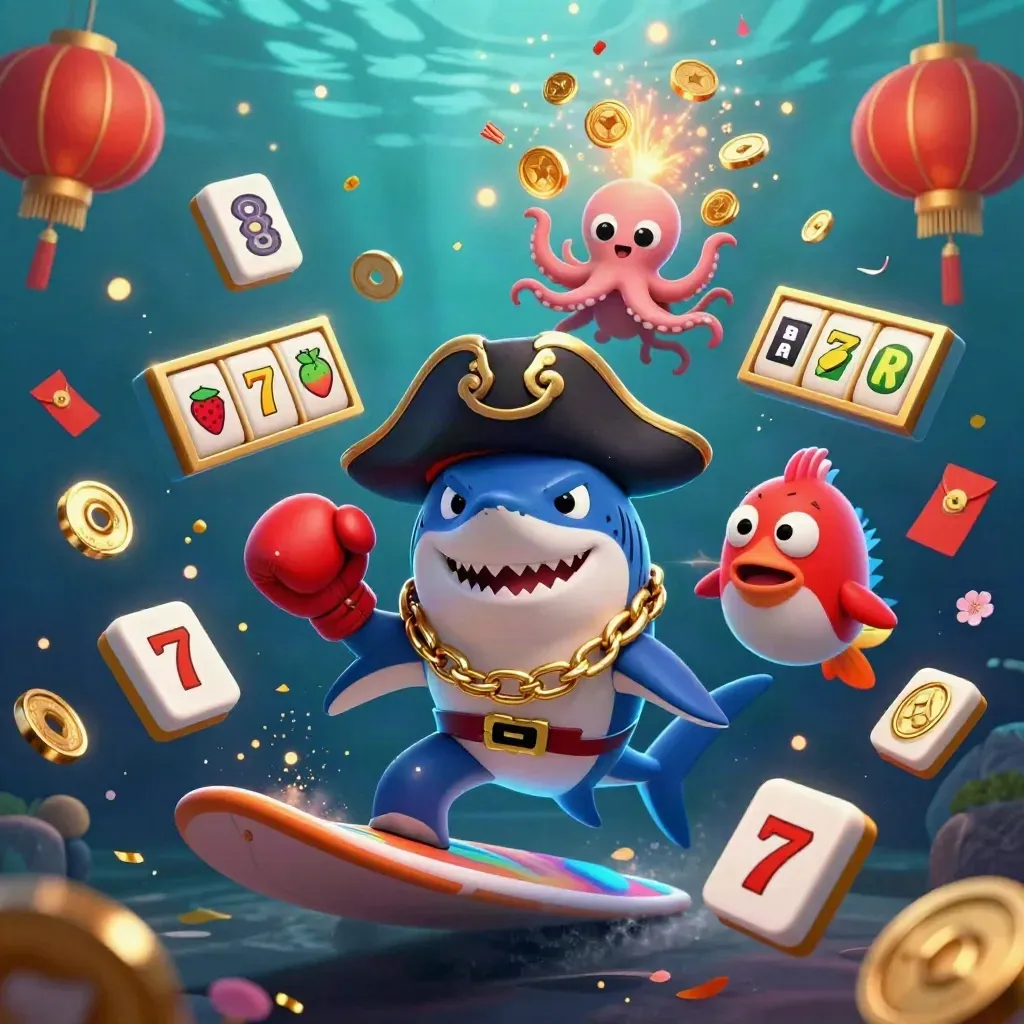Pirate shark, boxing pufferfish, and juggling octopus amid casino treasures underwater.