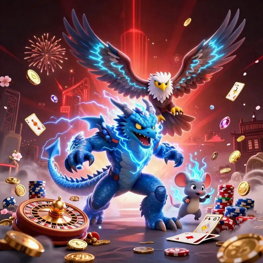 Thunder dragon, wind hawk, and thunder-mouse amid coins, cards, and casino energy.