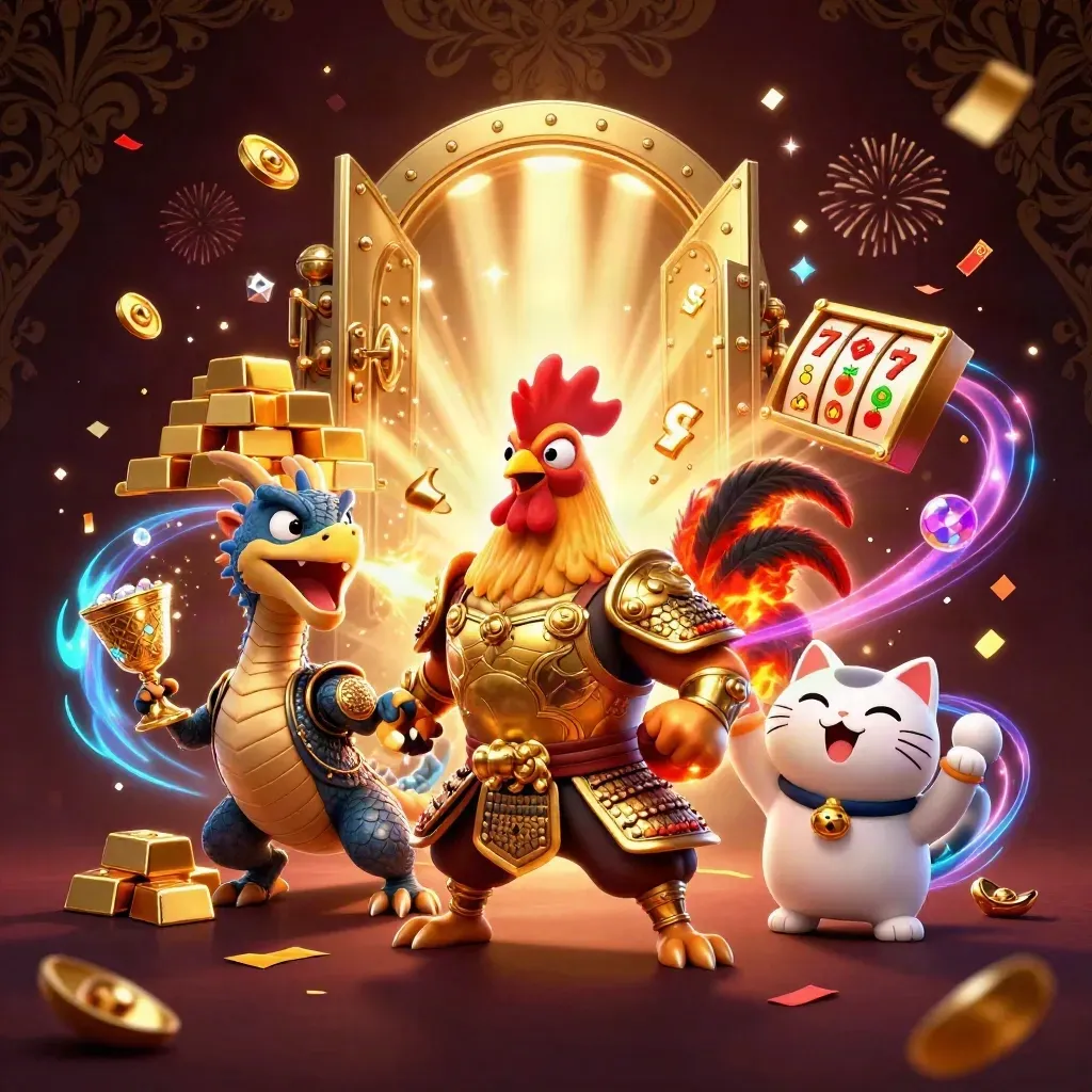 Rooster warrior, dragon hatchling, and fortune-cat amid treasure, sparks, and casino magic.