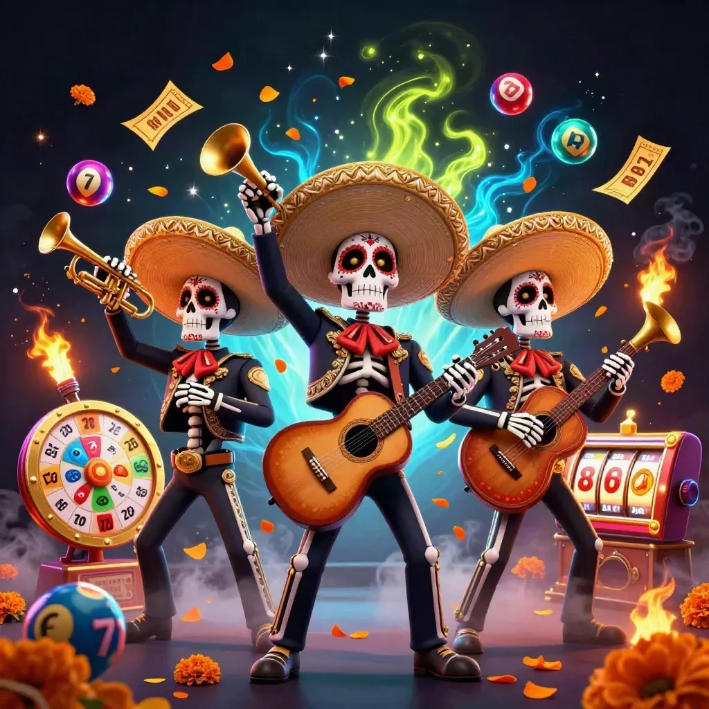 3 skeleton mariachi trio amid casino rewards, blue-lime glow, lottery balls, wheel, tickets, starry dark backdrop