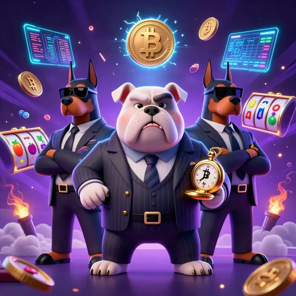 Mafia bulldog boss with two Doberman guards amid neon crypto coins and slot symbols
