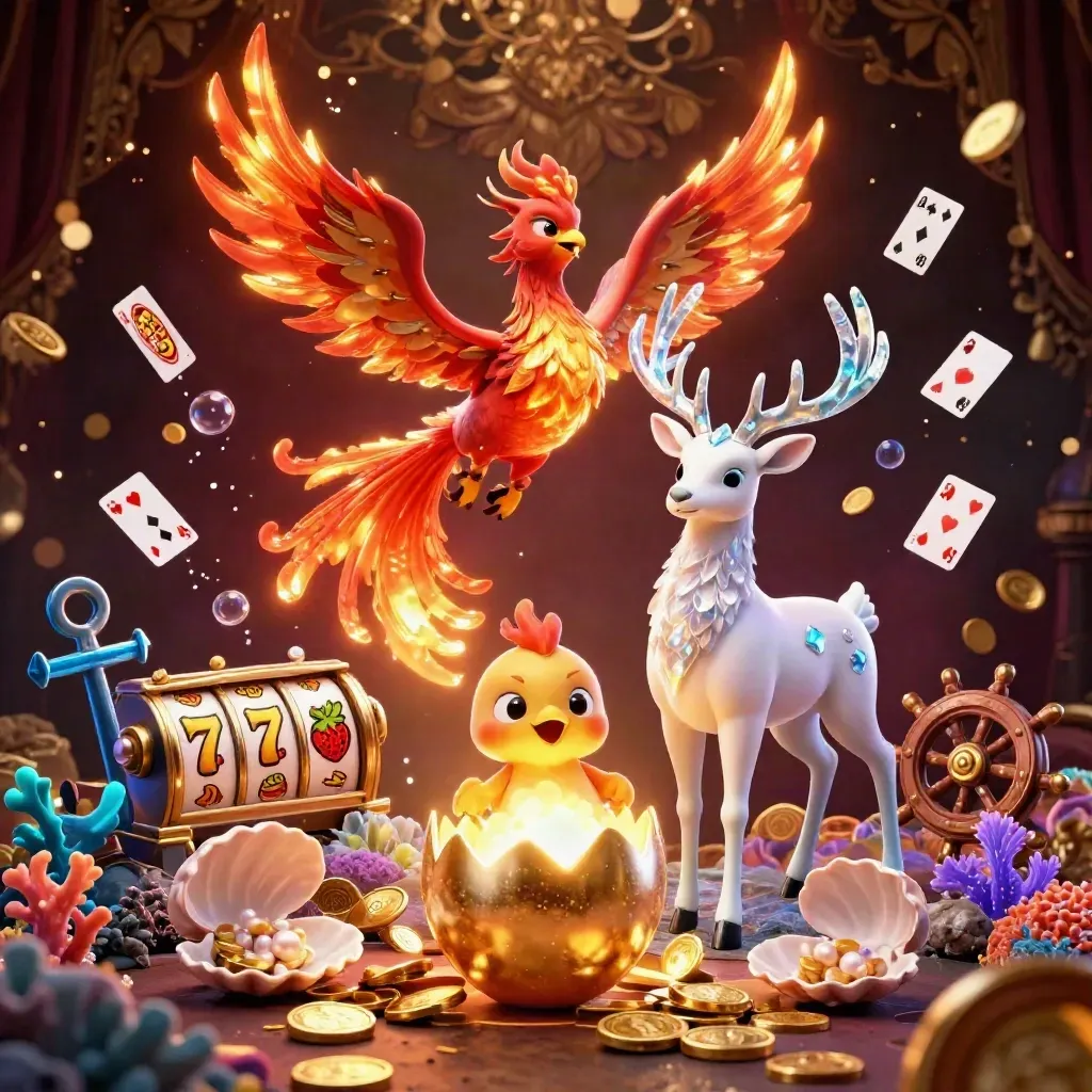 Fire phoenix, baby phoenix, and crystal stag in a glowing casino treasure cove with gold coins and neon effects