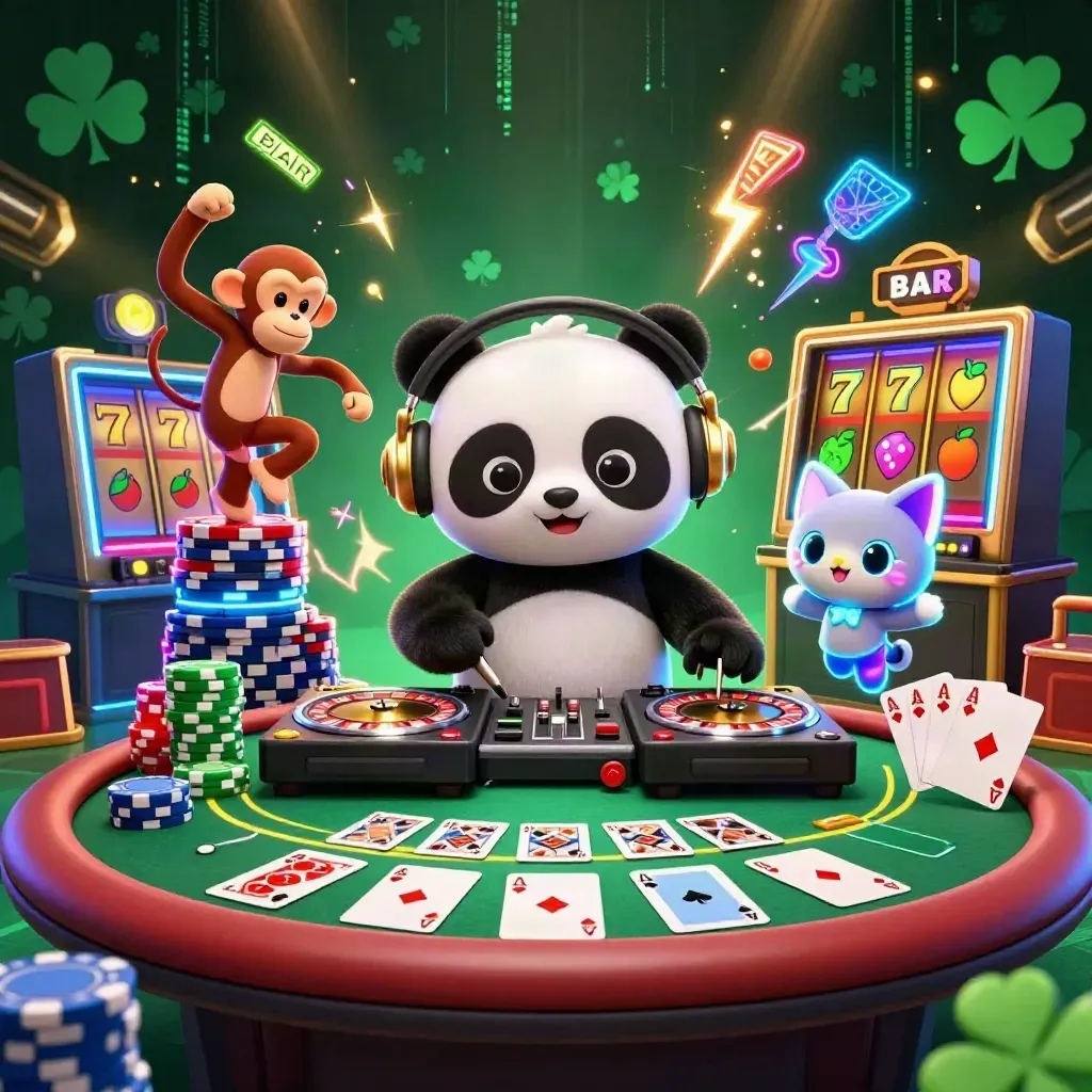 DJ panda, dancing monkey, and rave kitten amid roulette wheels, chips, cards, and neon casino effects