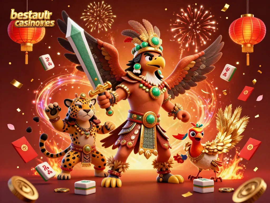 Experience thrilling gameplay at bestaustraliancasinosites with a vibrant casino scene featuring Aztec characters and magical elements.