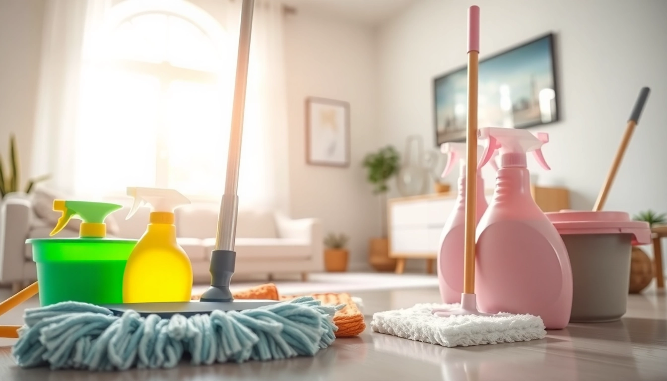Bond cleaning tools arranged in a well-lit room, showcasing effective cleaning methods.