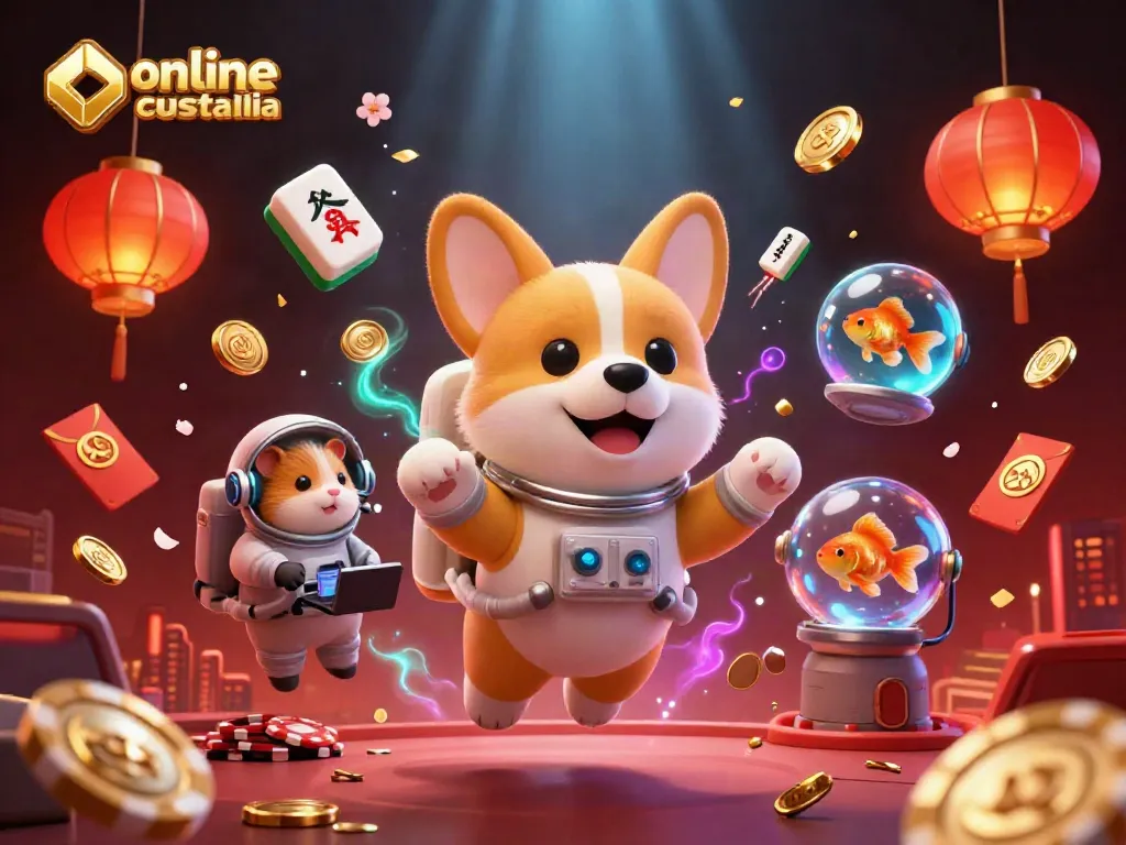 Experience thrilling online casino Australia adventures with a dynamic space-themed scene featuring a corgi, hamster, and goldfish.