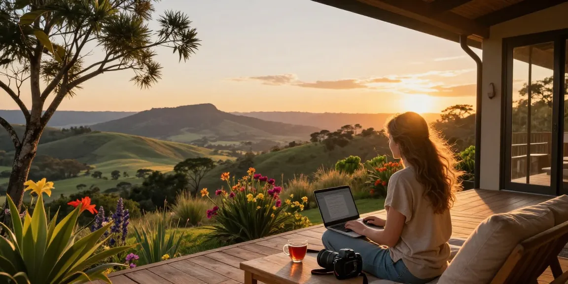 Stunning sunset view at a Magaliesburg accommodation lodge with traveler relaxing on the deck.