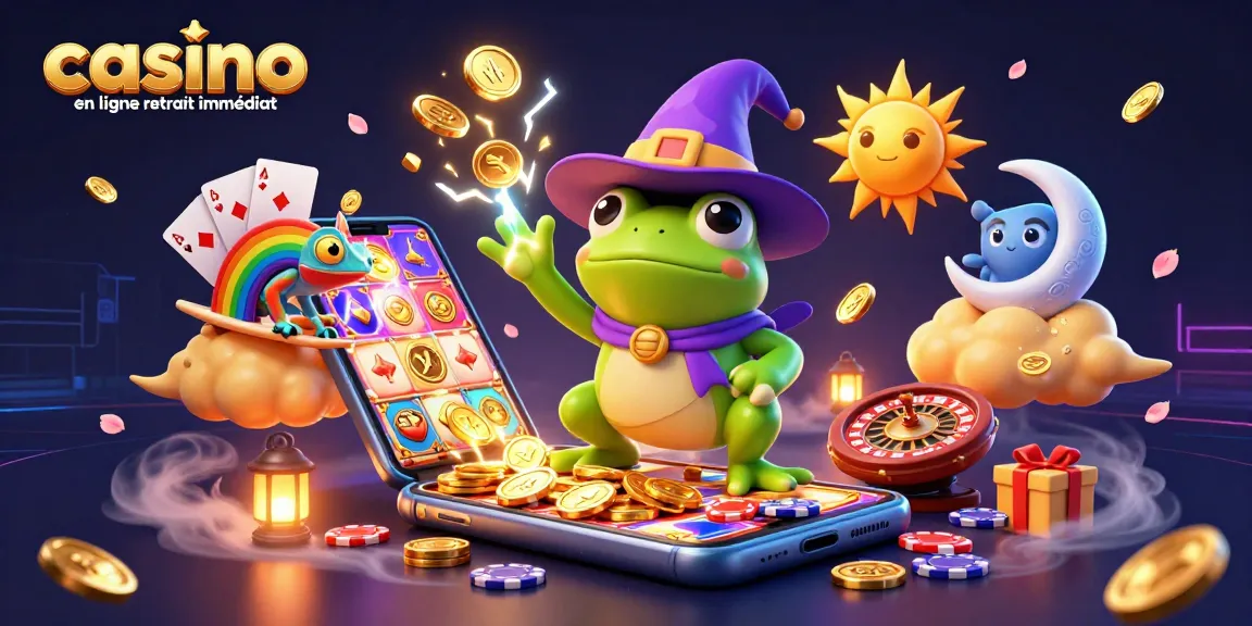 Tester le casino en ligne retrait immédiat avec un mage grenouille de réalité en 3D créant une tempête de pièces dorées.