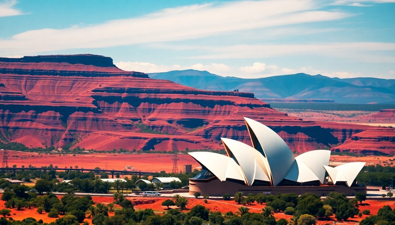 Captivating view of Australia's diverse landscapes, featuring the Sydney Opera House and Outback.