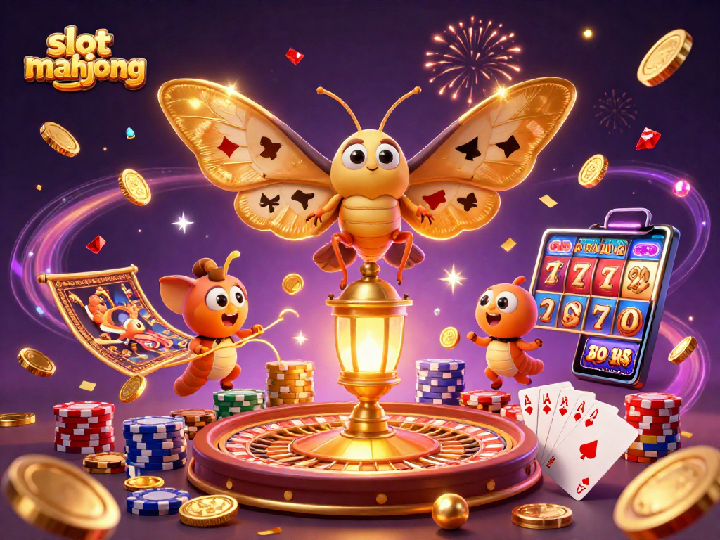 Putaran permainan slot mahjong dengan elemen kasino seperti koin emas dan kartu yang menari-nari.