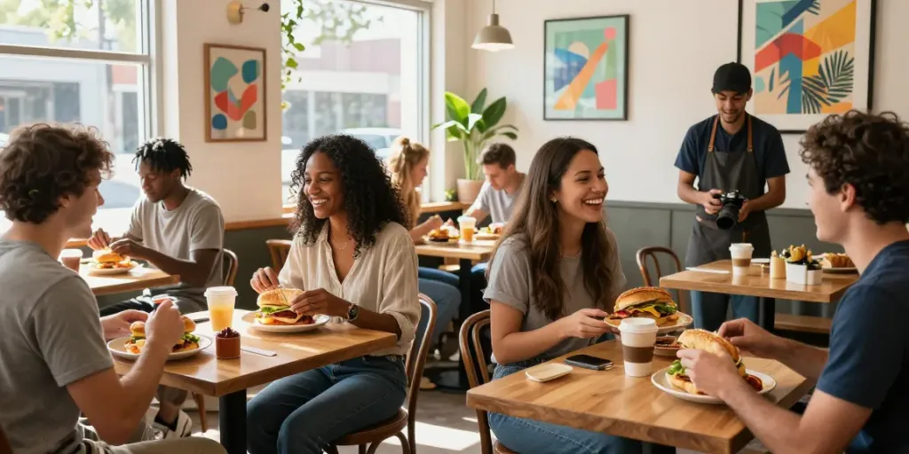 Best brunch Austin with friends enjoying NYC-inspired breakfast sandwiches at a lively café.