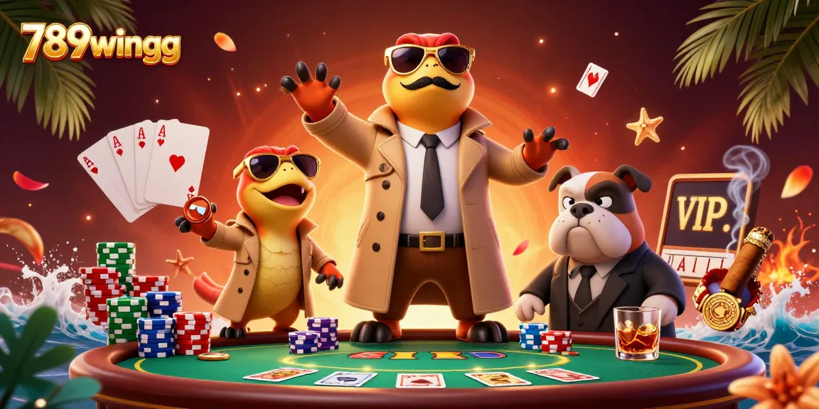 Experience thrilling gaming strategies at 789wingg's VIP casino lounge with vibrant visual elements and engaging characters.