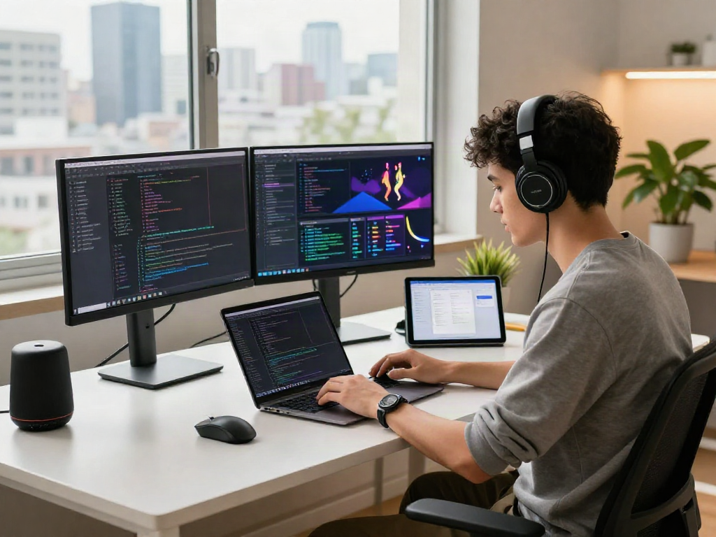 Software developer immersing in coding tasks, showcasing a crush on tech innovation in a sleek workspace.